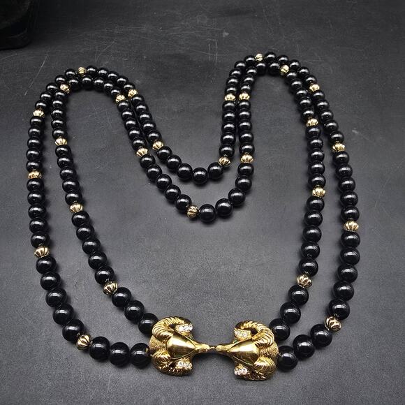 KJL for Avon 1986 Sophisticated Lady Necklace Ram's Head Gold Tone Black Beaded - Picture 1 of 9